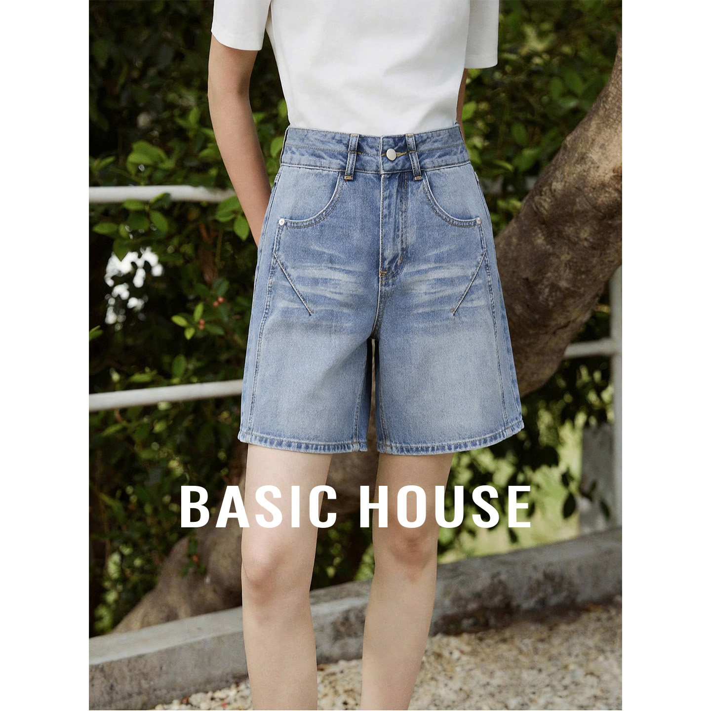 Basic House/百家好2026夏季高腰浅蓝色直筒短裤女百搭休闲牛仔裤