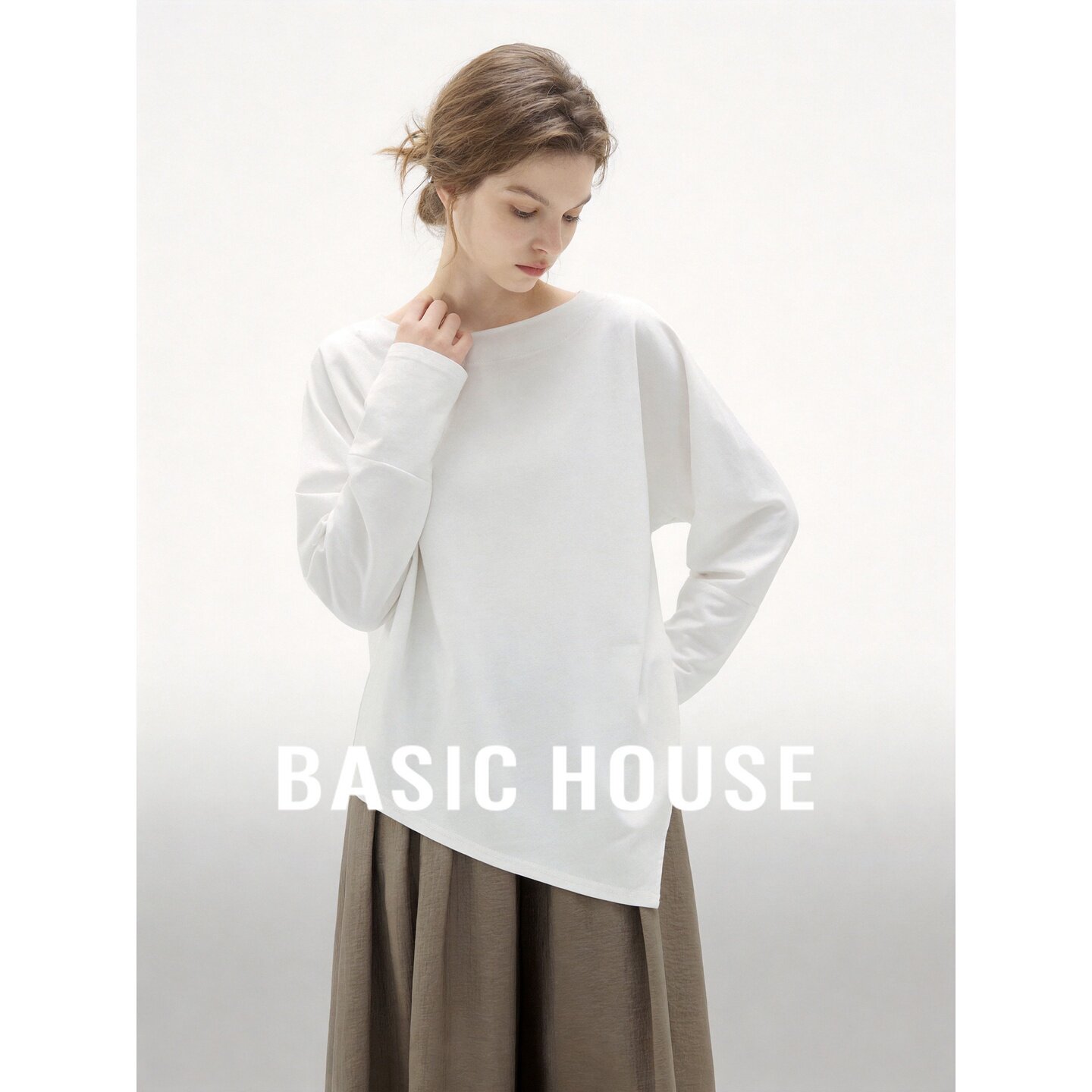 Basic House/百家好极简白色长袖T恤女宽松不规则下摆设计感上衣
