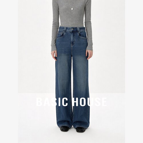 Basic House/百家好复古莱赛尔高腰阔腿牛仔裤女直筒显瘦百搭长裤