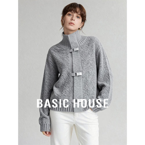Basic House/百家好25秋冬高领纯色小众设计感毛衣女加厚保暖上衣
