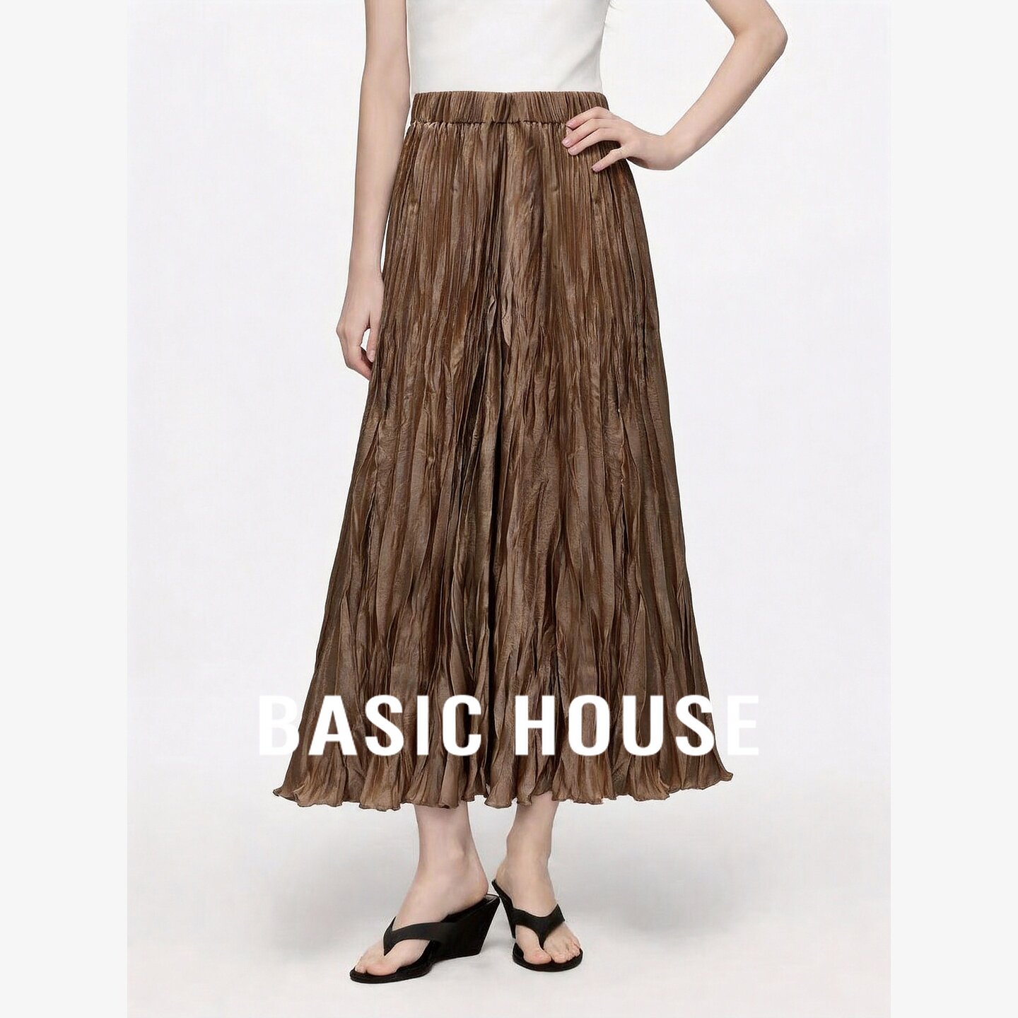 Basic House/百家好美拉德风褶皱半身裙女装中长款显瘦百搭A字裙