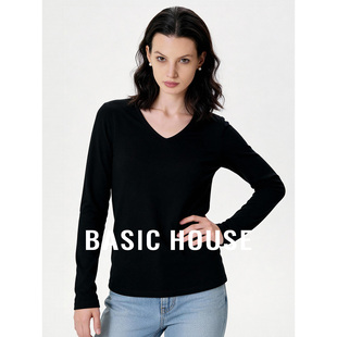 Basic House/百家好黑色V领长袖T恤女春季新款桑蚕丝短款打底上衣