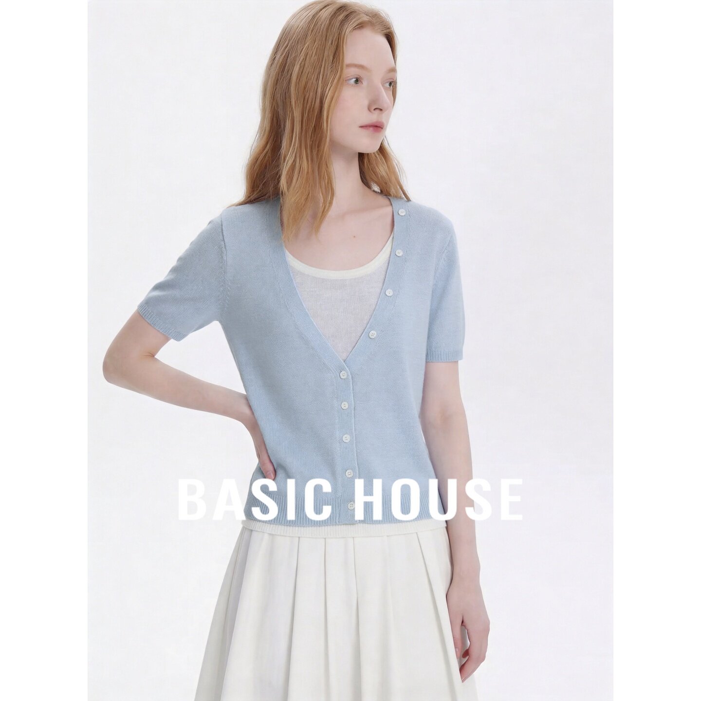 Basic House/百家好天蓝色小众短袖时尚百搭显瘦针织开衫夏季新款
