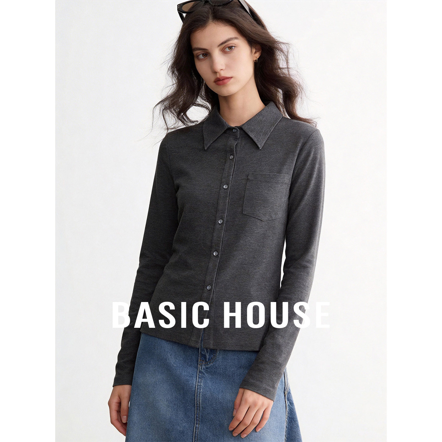 Basic House/百家好灰色polo领简约长袖T恤女26春季通勤百搭上衣