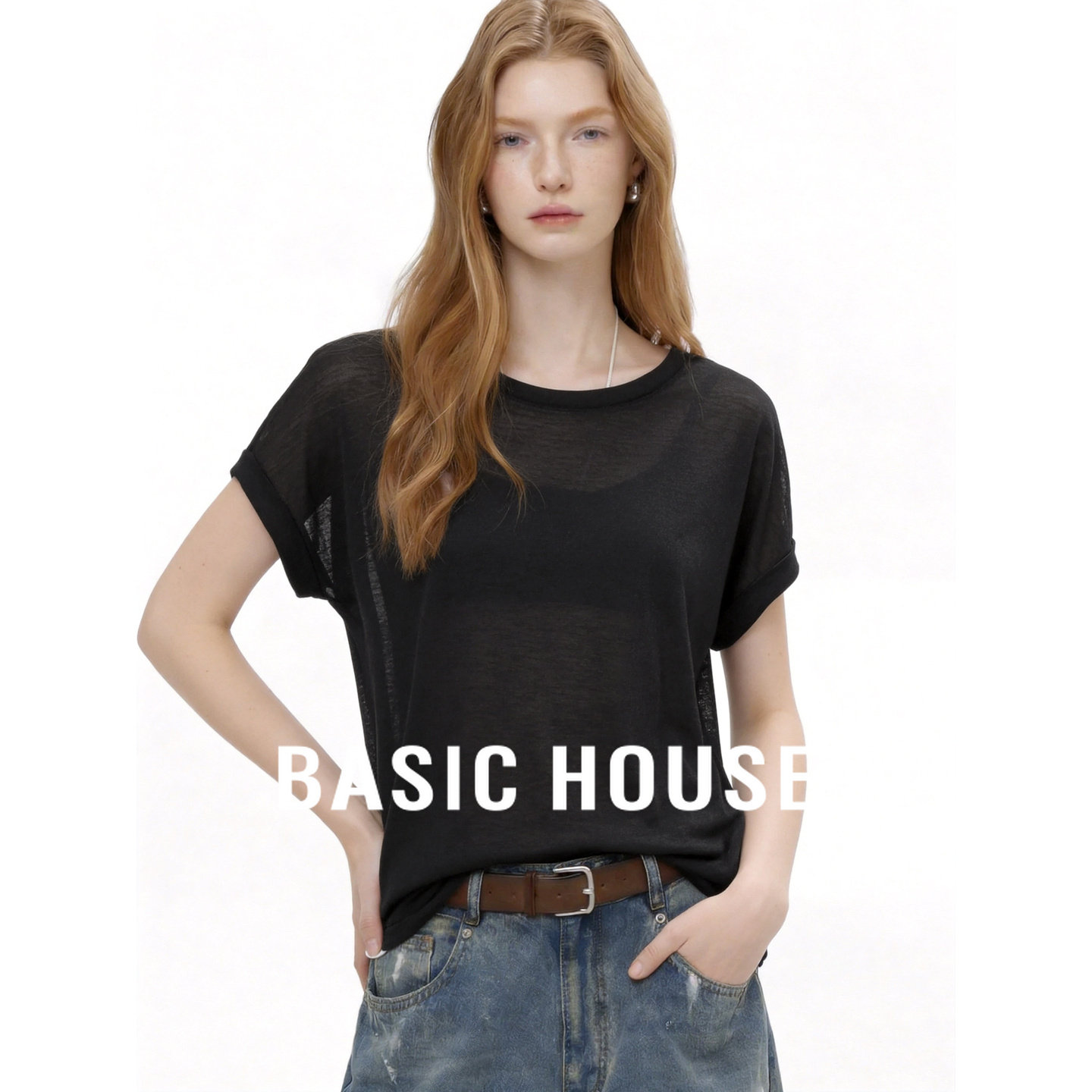 Basic House/百家好极简风黑色圆领短袖T恤女夏薄透短款亚麻上衣
