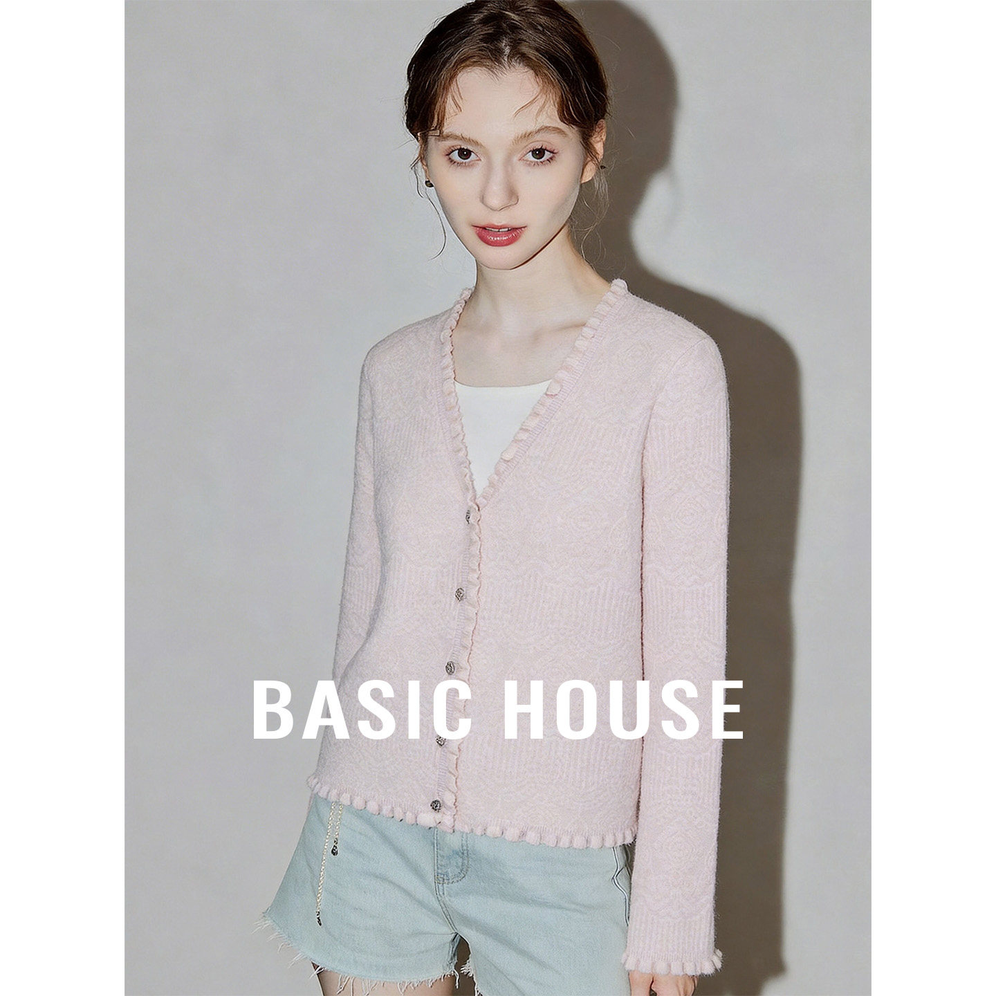 Basic House/百家好粉白撞色假两件针织开衫女26秋季新款减龄外搭