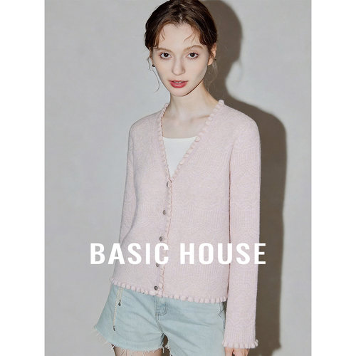 Basic House/百家好粉白撞色假两件针织开衫女26秋季新款减龄外搭