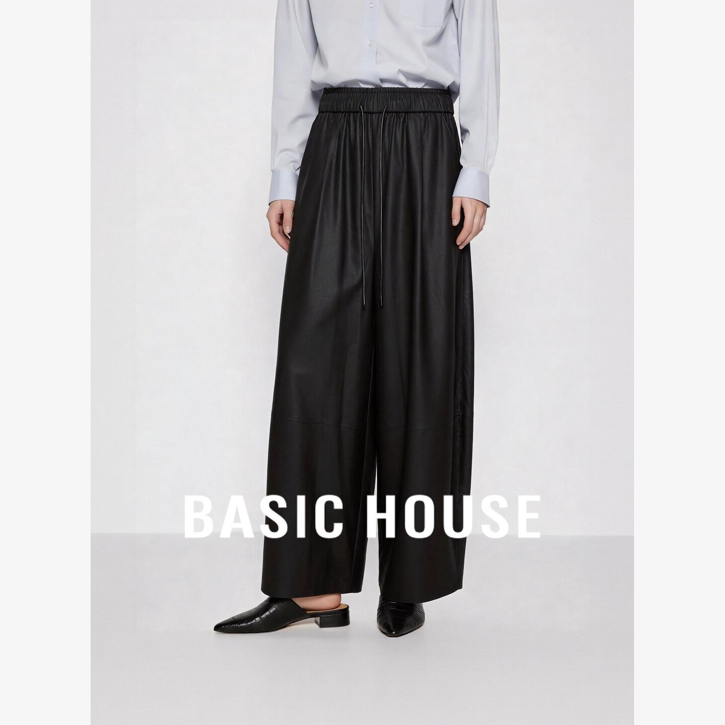 Basic House/百家好设计感系带阔腿裤女垂坠感宽松通勤酷飒长裤