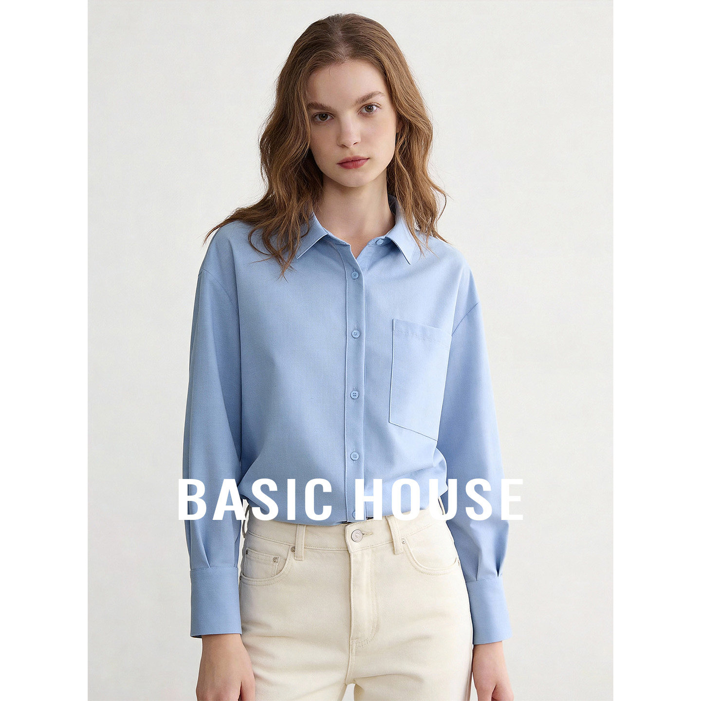 Basic House/百家好蓝色polo领基础简约长袖衬衫女秋宽松百搭上衣