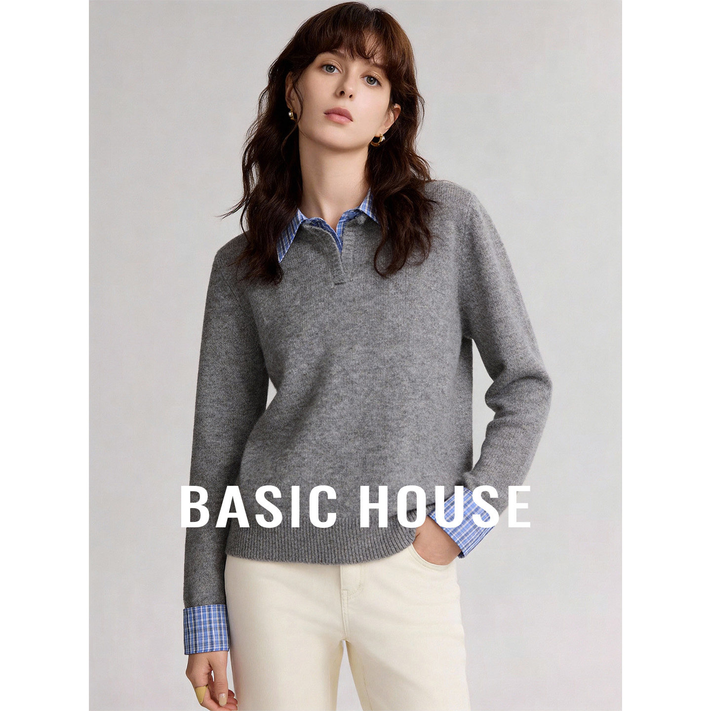 Basic House/百家好撞色格子拼接假两件毛衣长袖短款绵羊毛针织衫