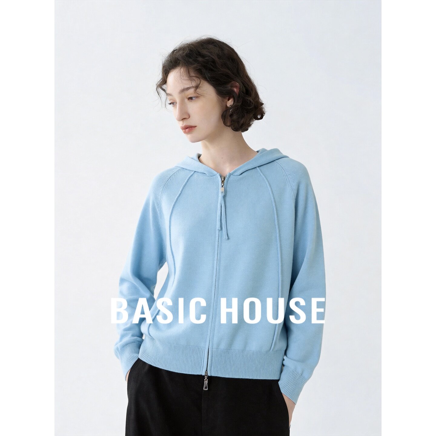 Basic House/百家好蓝色连帽拉链针织开衫女宽松毛衣开衫秋季穿搭