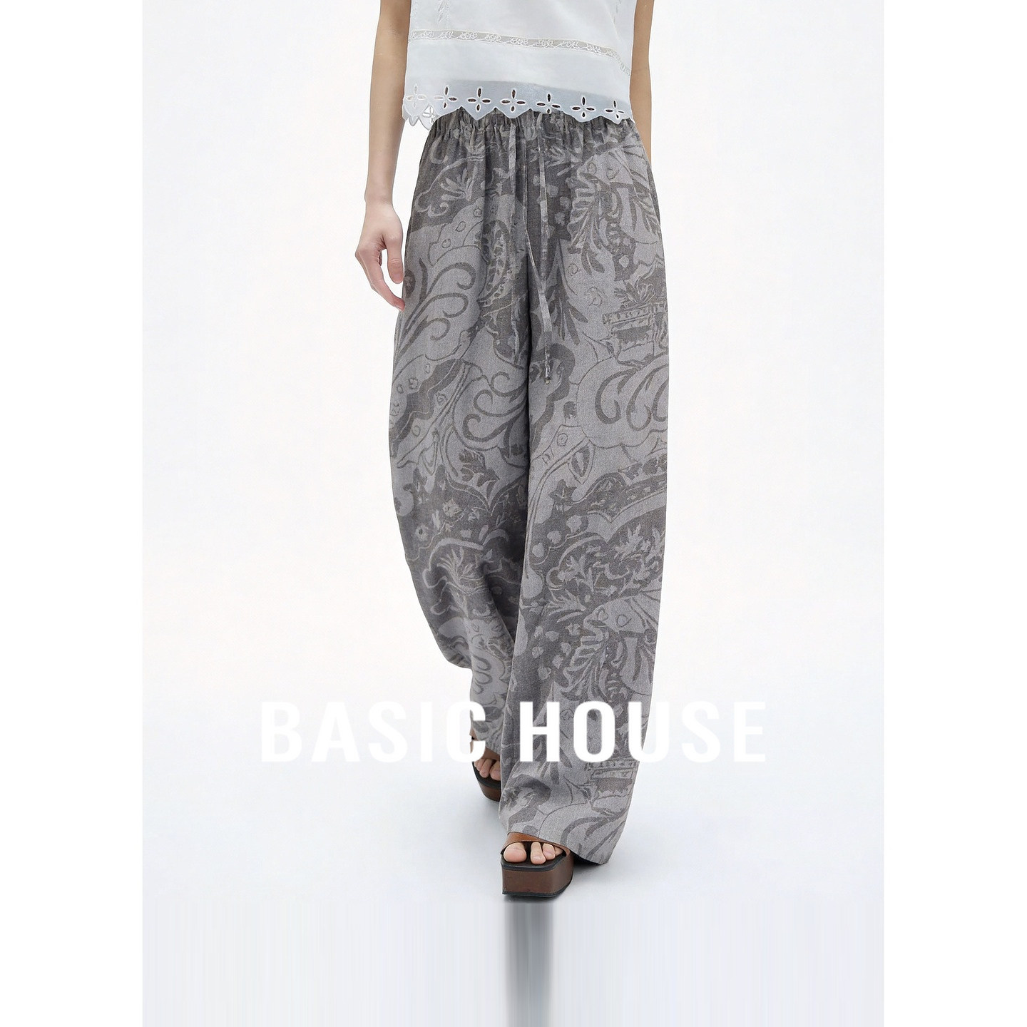 Basic House/百家好印花中高腰莱赛尔亚麻阔腿裤宽松微喇休闲裤女