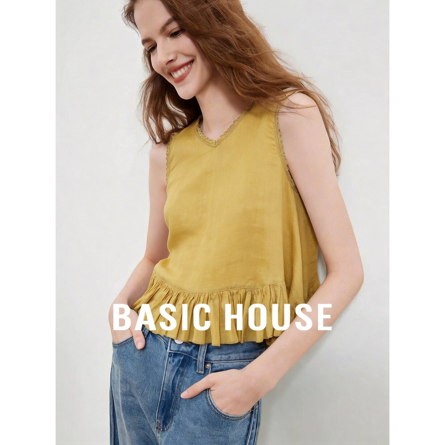Basic House/百家好文艺风无袖衬衫女夏季荷叶边流苏V领苎麻上衣
