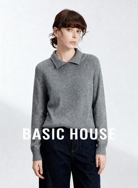Basic House/百家好翻领红色冬季新款毛衣女加厚百搭保暖内搭上衣