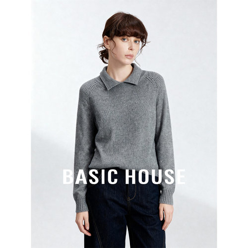 Basic House/百家好翻领红色冬季新款毛衣女加厚百搭保暖内搭上衣