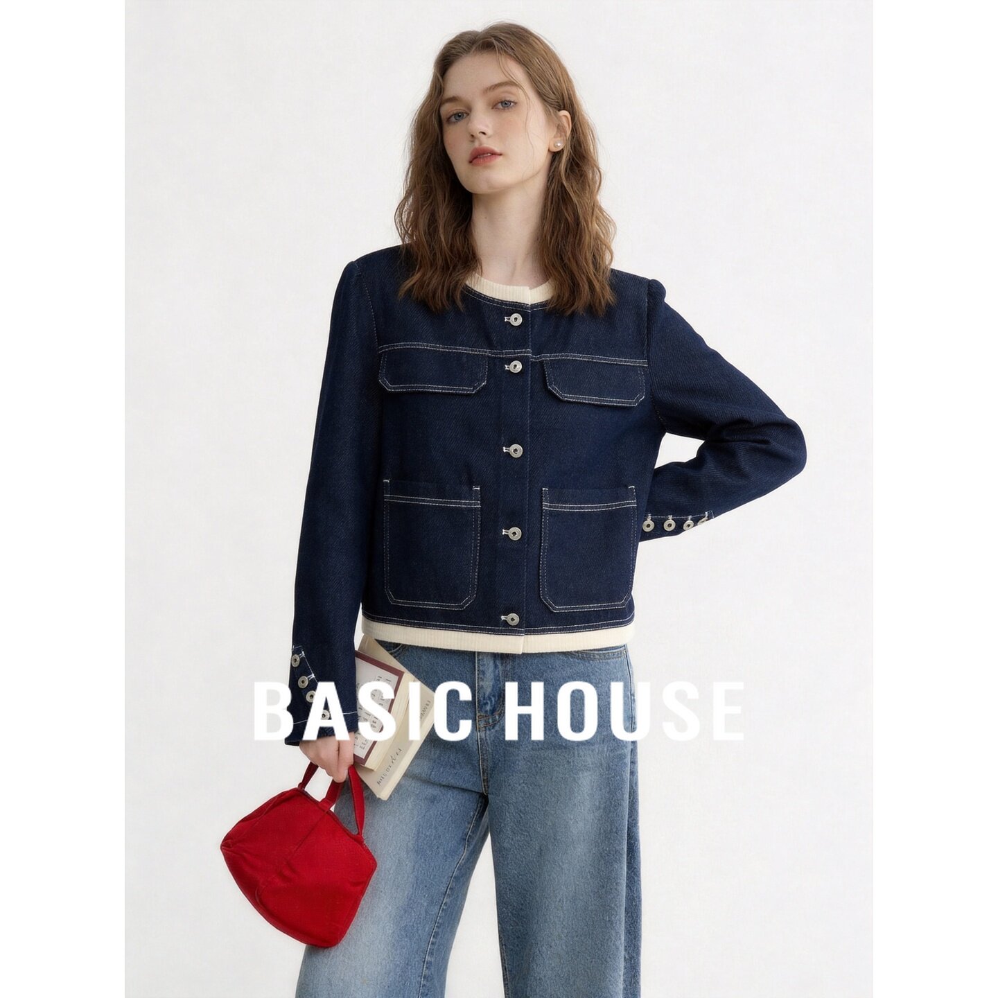 Basic House/百家好2026秋纯棉撞色圆领排扣明线宽松牛仔短外套女