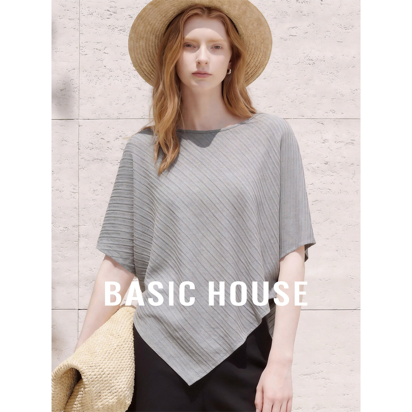 Basic House百家好薄款灰色短袖T恤女宽松垂感斜纹肌理不规则上衣