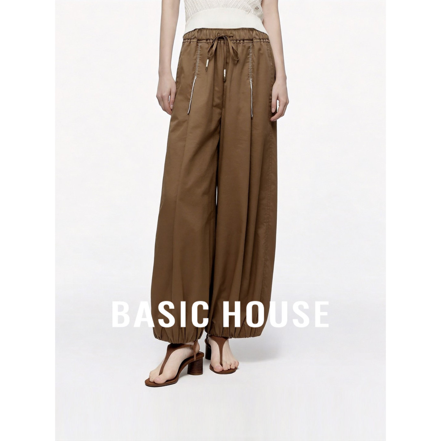 Basic House/百家好高腰阔腿裤宽松抽绳系带束脚裤极简韩版棕色