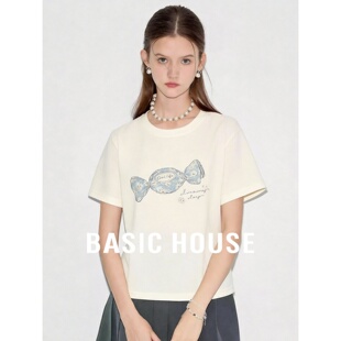 Basic House/百家好浅黄色糖果印花短袖T恤女夏宽松显瘦百搭上衣