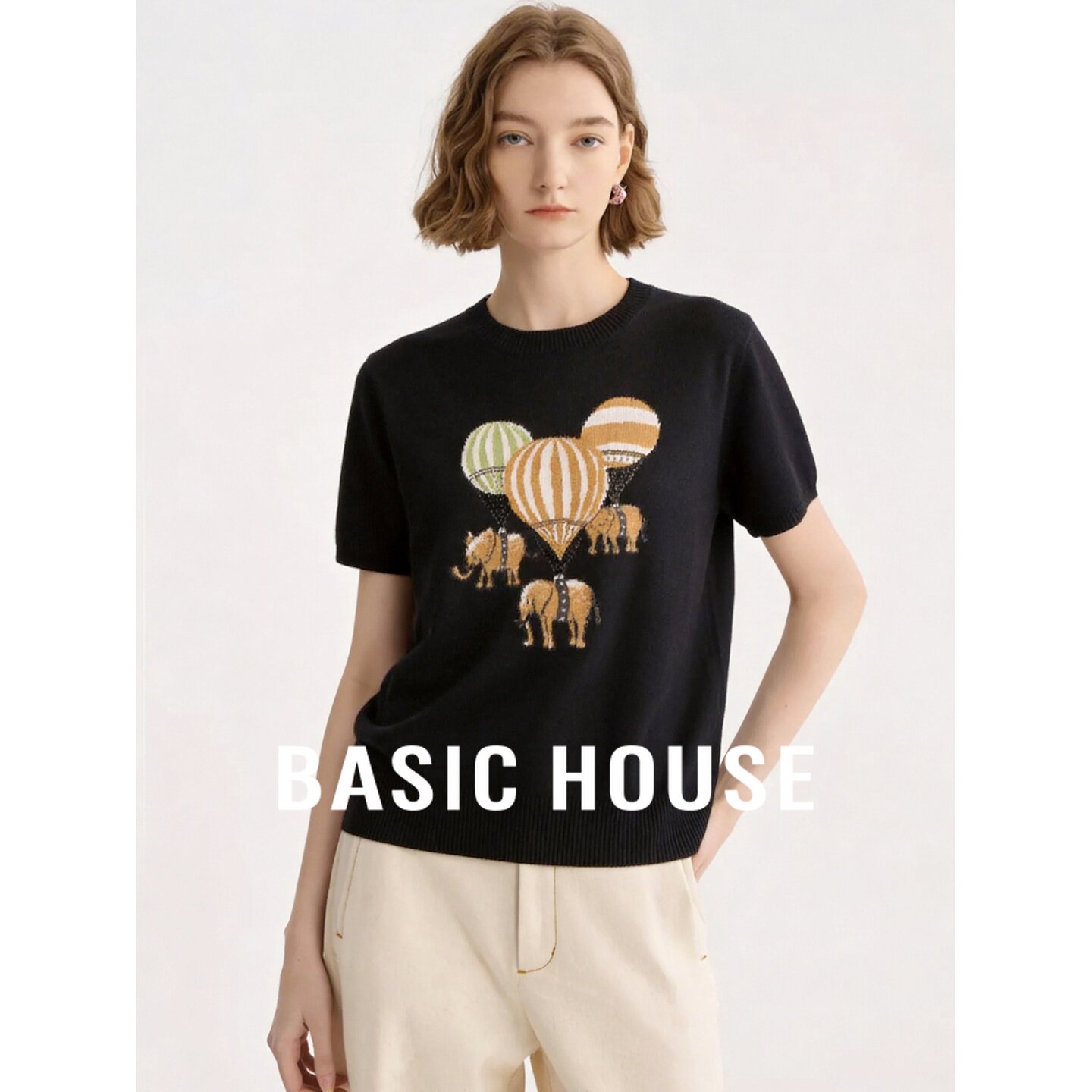 Basic House/百家好黑色卡通图案短袖T恤女夏百搭显瘦遮肉设计感