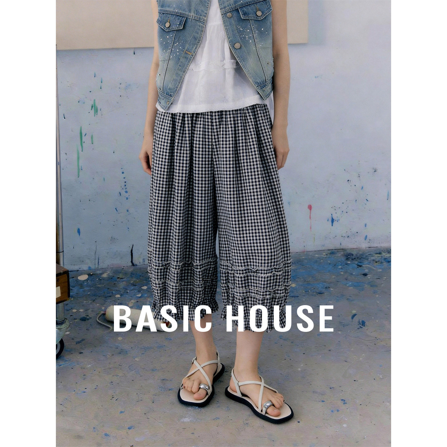 Basic House/百家好黑白撞色松紧腰花苞裤女夏季宽松格子休闲裤