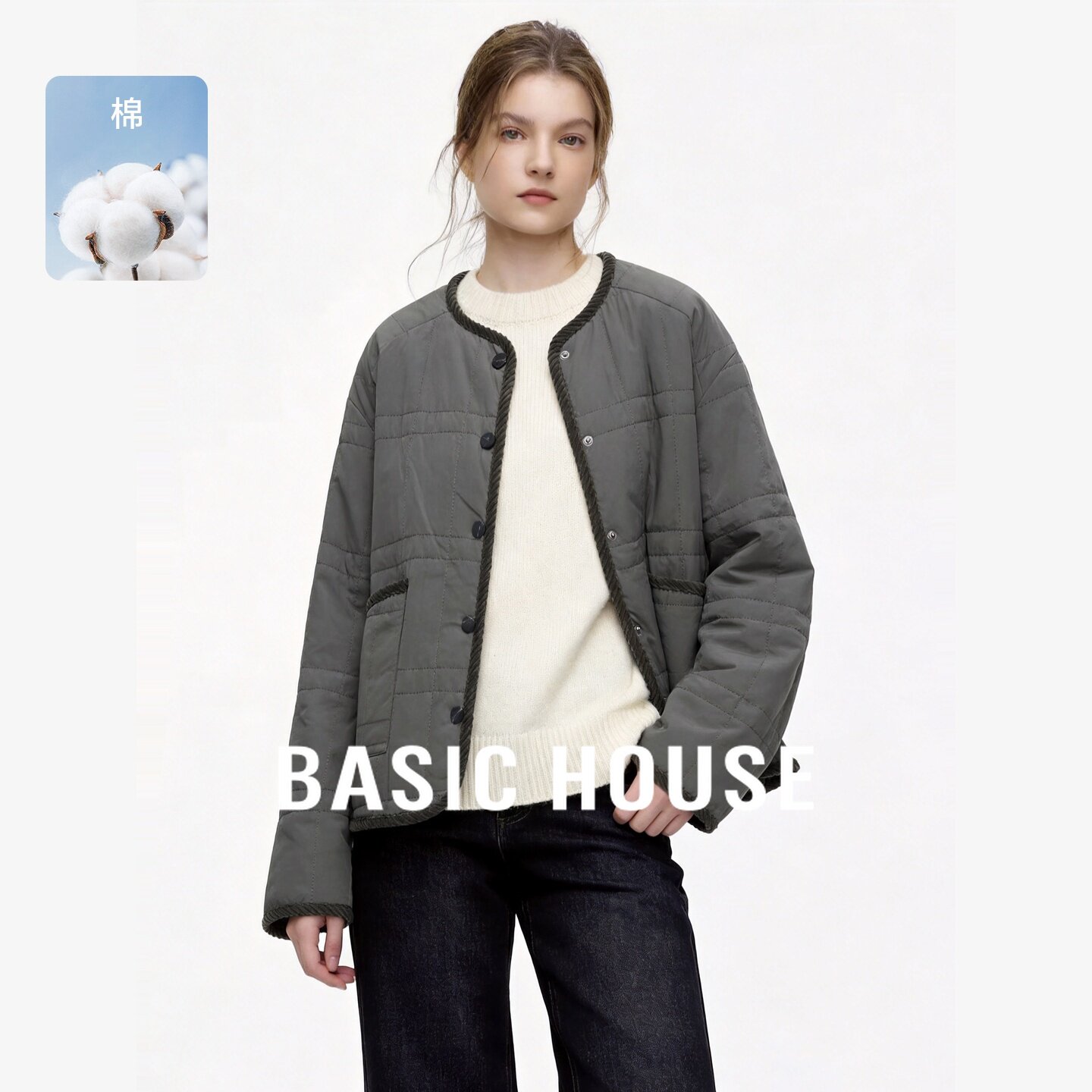 Basic House/百家好圆领短款棉服女轻薄保暖撞色滚边纽扣开衫外套