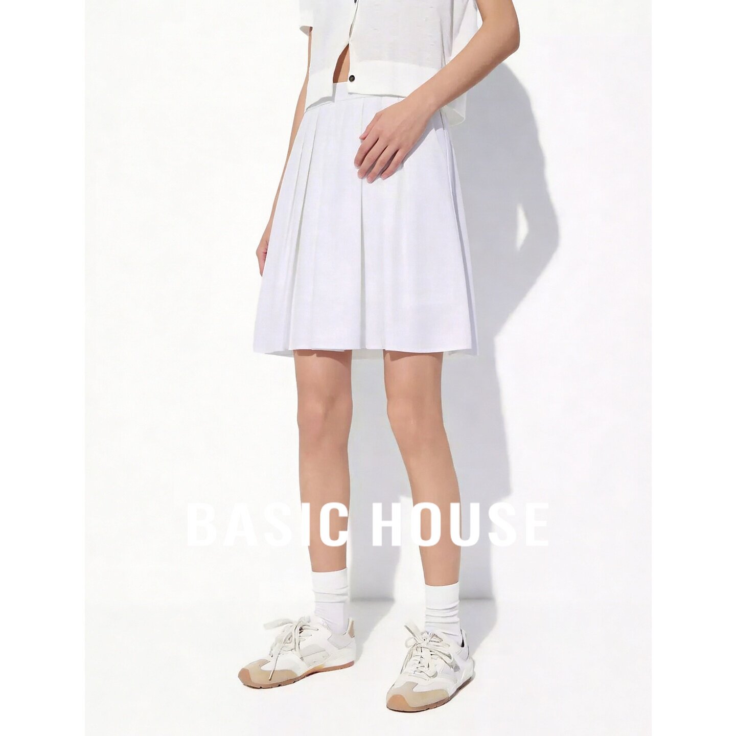 Basic House/百家好白色高腰A字百褶裙夏季百搭莱赛尔短款半身裙