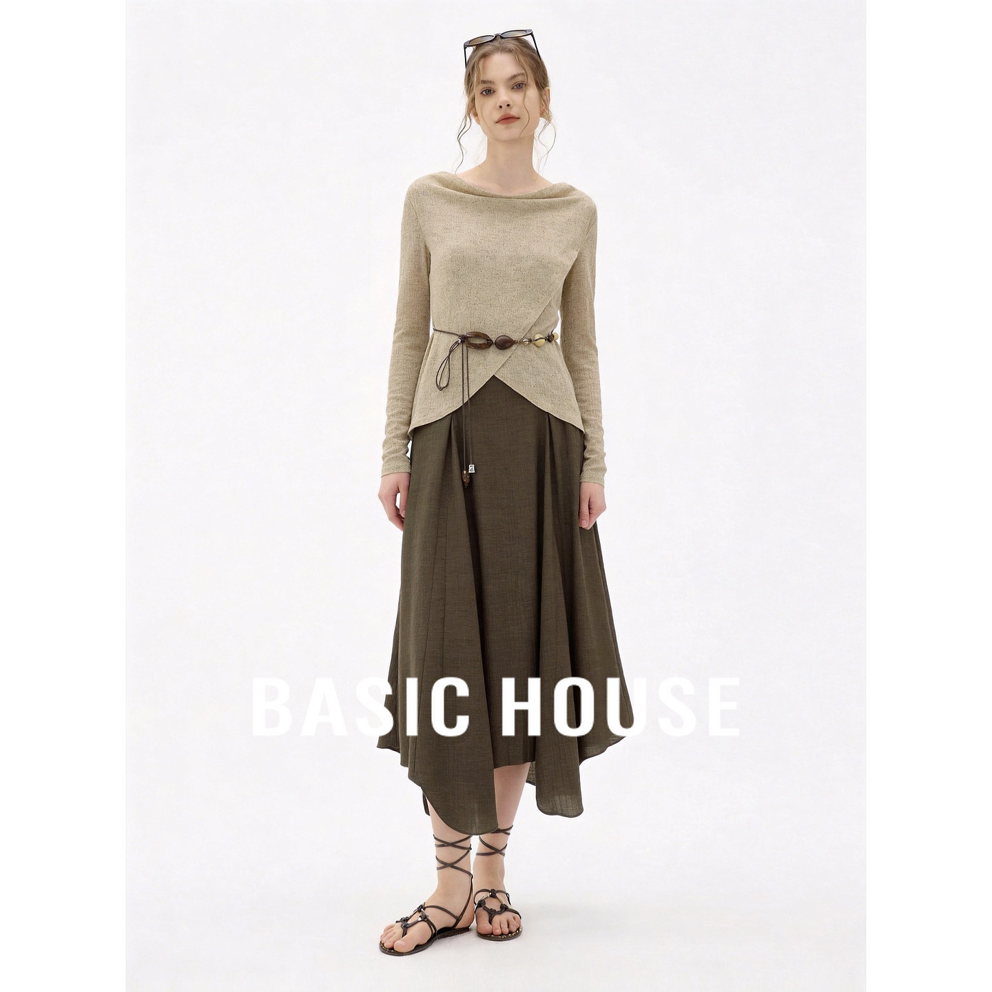 Basic House/百家好不规则上衣设计感半身裙收腰系带两件套女秋