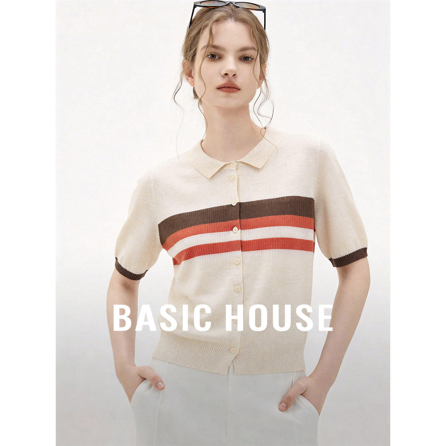 Basic House/百家好polo领织开衫撞色条纹短袖针walk上衣新款外搭