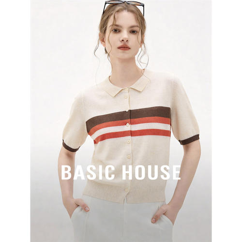 Basic House/百家好polo领织开衫撞色条纹短袖针walk上衣新款外搭