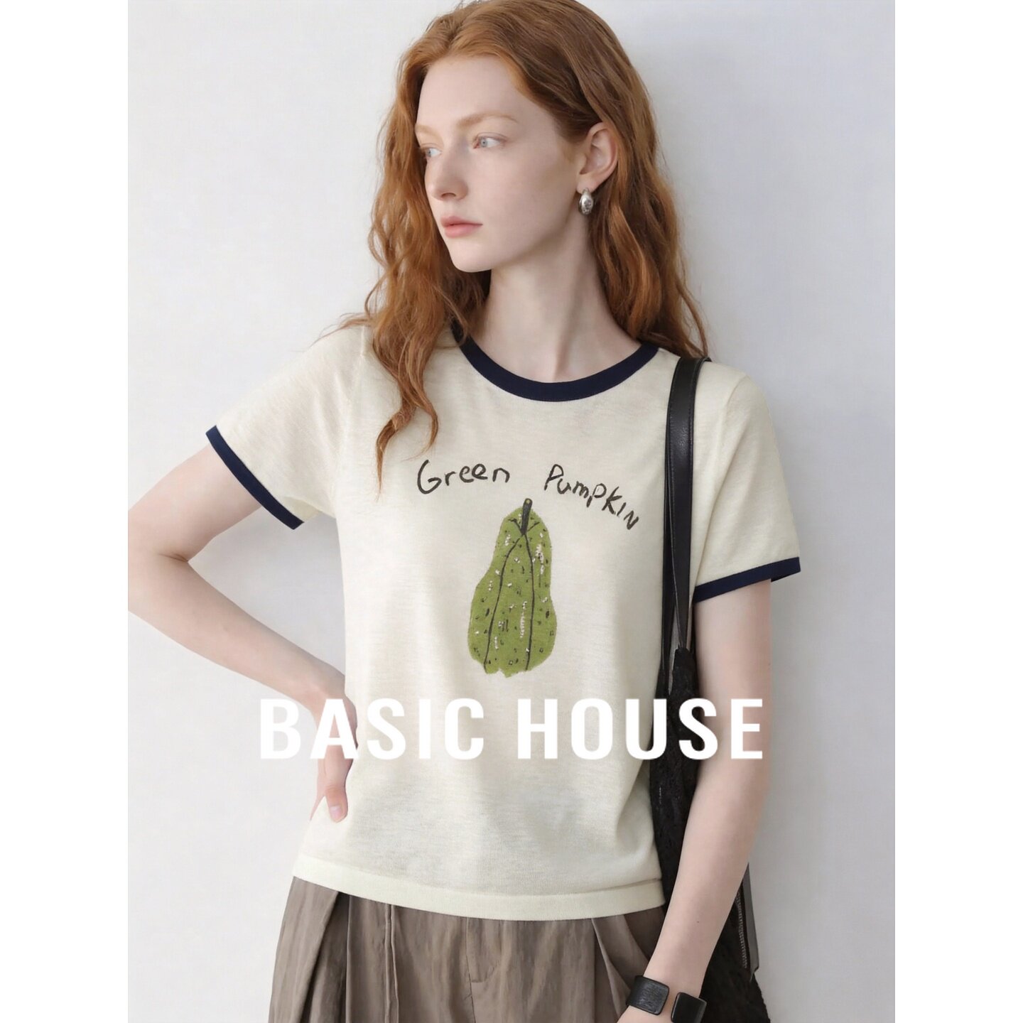Basic House/百家好圆领撞色水果印花短袖针织衫女夏宽松休闲上衣