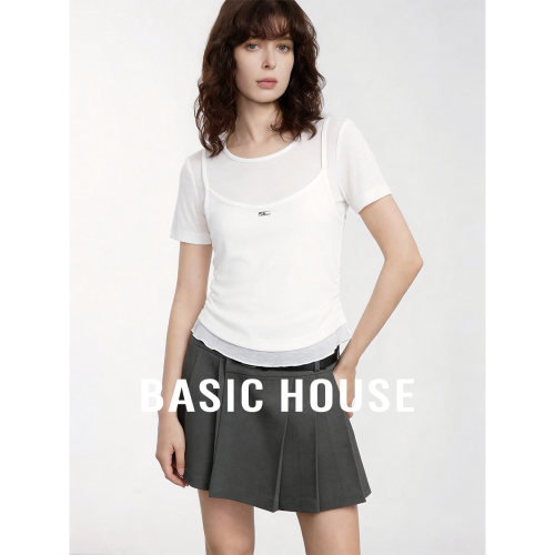 Basic House/百家好白色假两件收腰显瘦短袖T恤女夏季假两件上衣