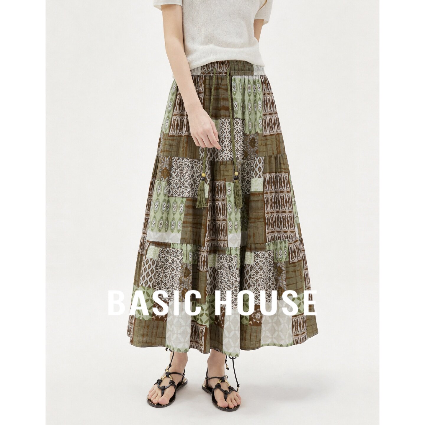 Basic House/百家好森系复古半身裙女2026夏亚麻中长款显瘦A字裙