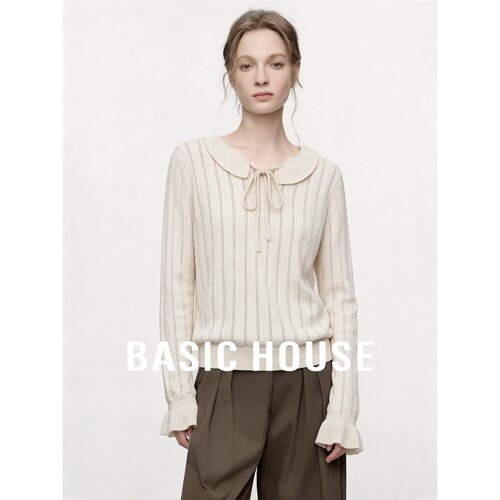 Basic House/百家好木耳边领兔毛羊毛针织衫女白色小众设计感上衣