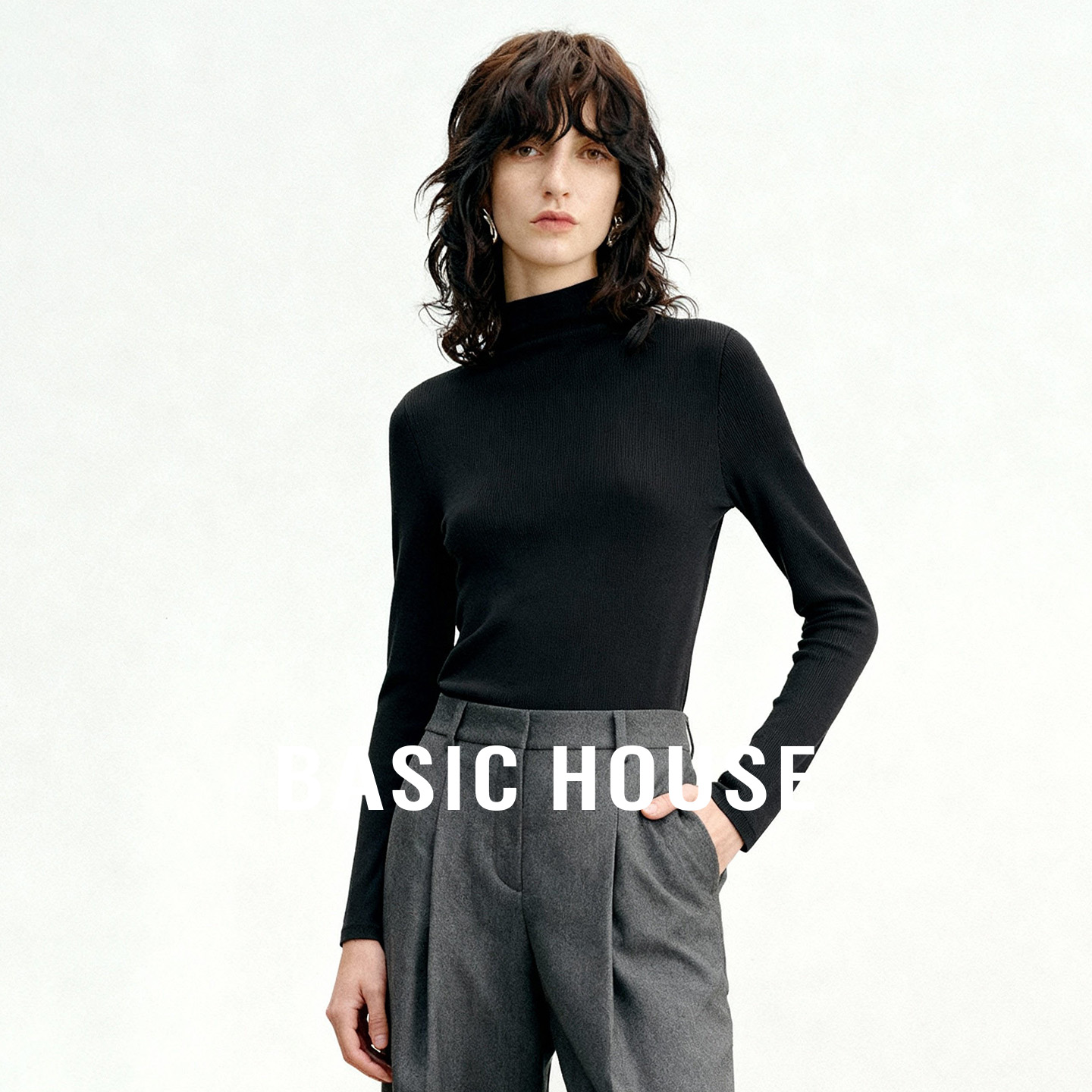 Basic House/百家好25半高领纯色基础版针织打底衫女秋冬保暖内搭