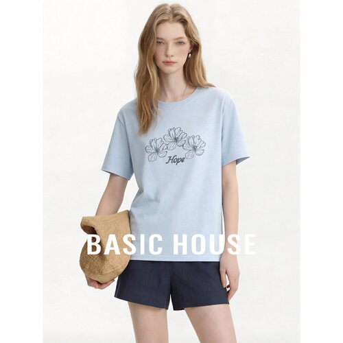 Basic House/百家好蓝色刺绣花朵短袖T恤女夏季简约棉质休闲上衣