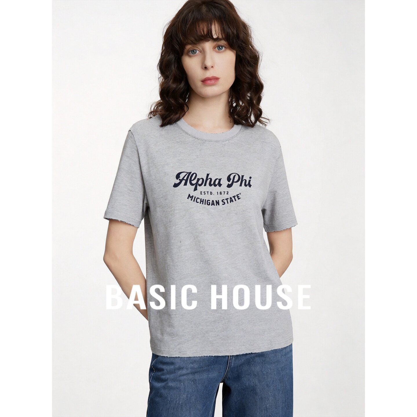 Basic House/百家好基础款圆领纯棉短袖女26夏季灰色日常通勤T恤
