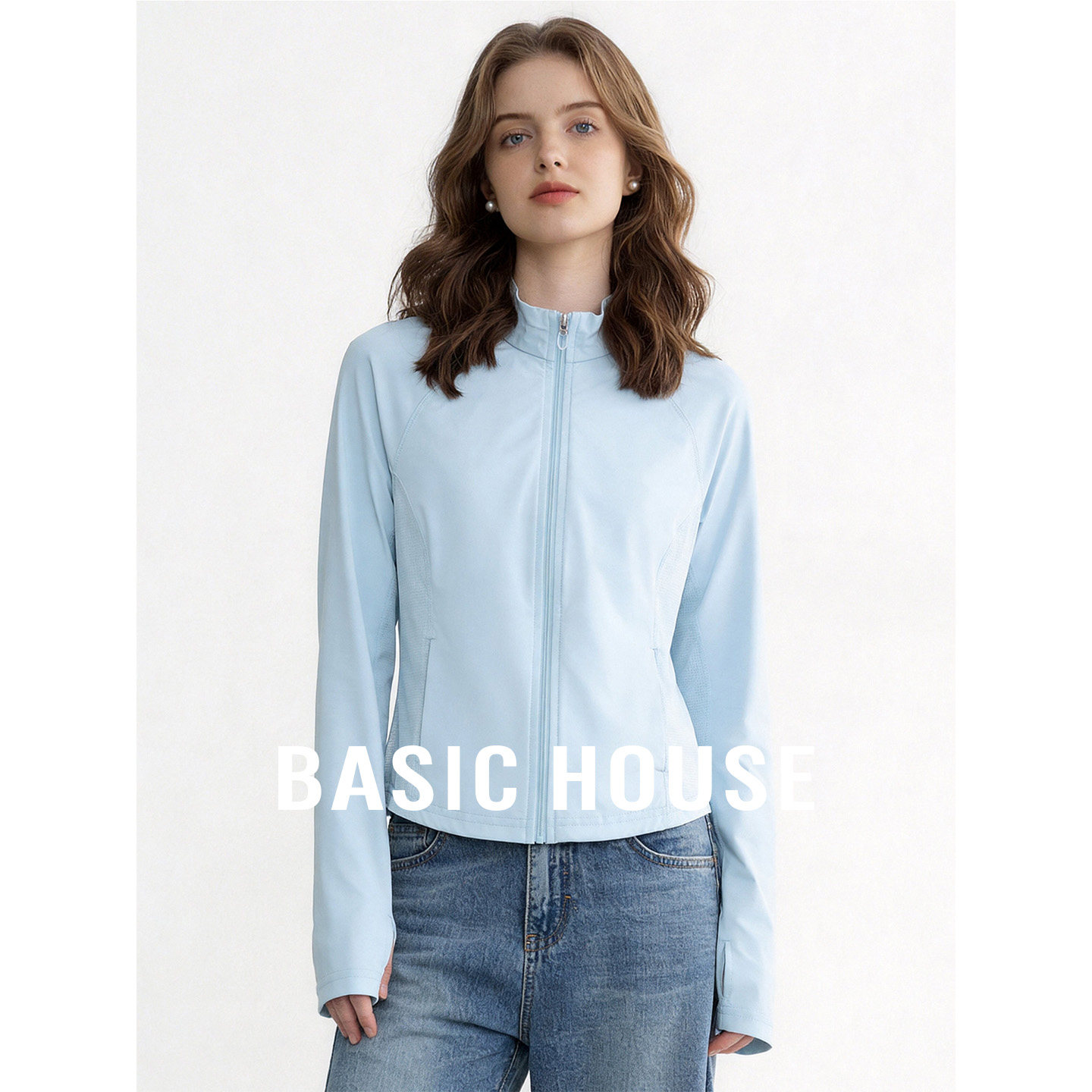 Basic House/百家好蓝色立领短款外套女2026夏季新款长袖外搭上衣