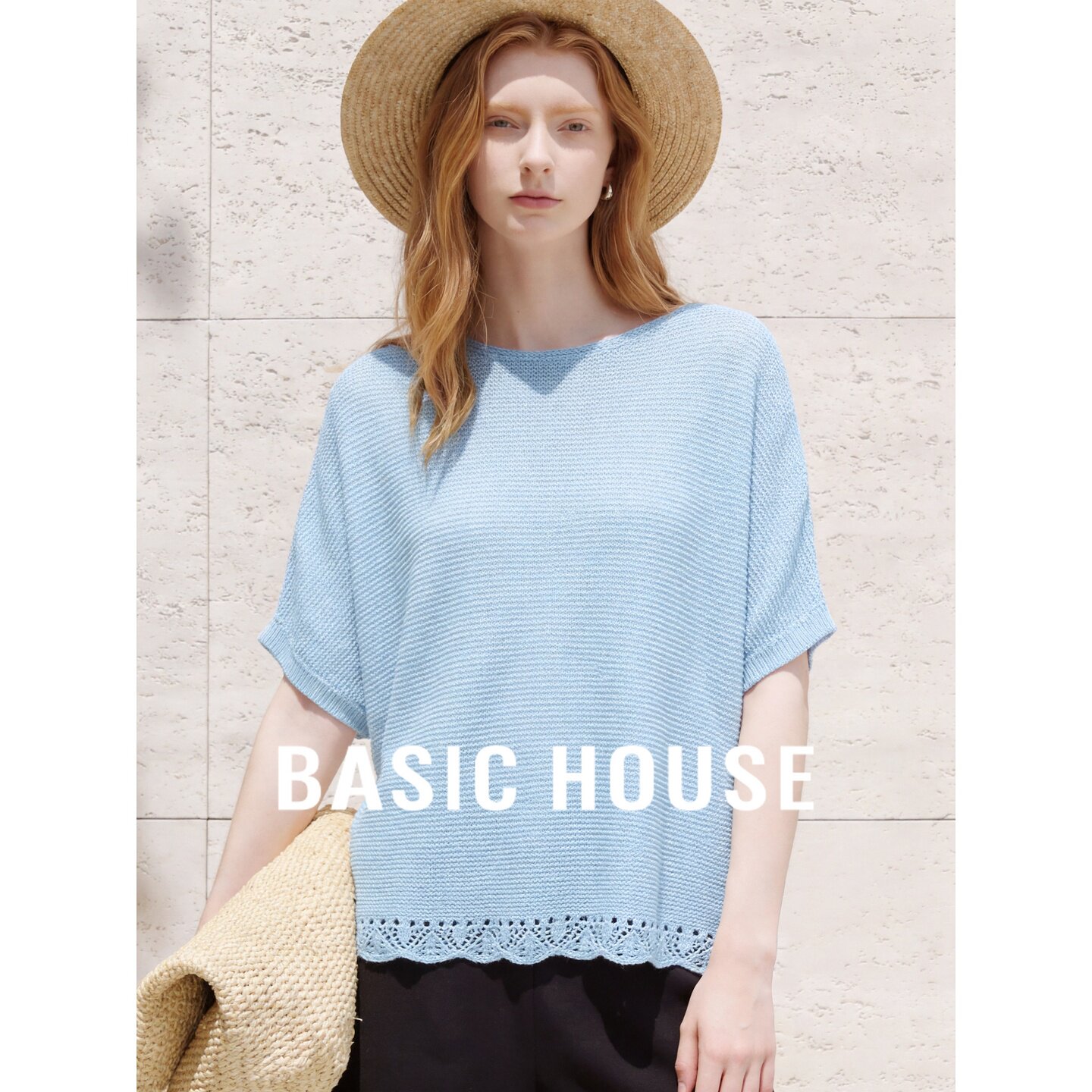 Basic House/百家好蓝色蝙蝠袖针织衫女2026夏季亚麻透气宽松上衣