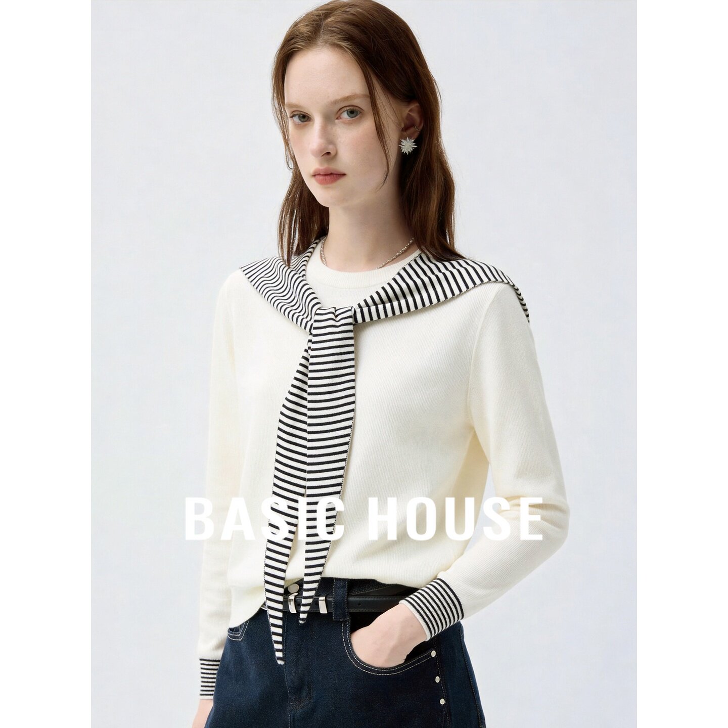 Basic House/百家好学院风条纹拼接针织衫女米白撞色披肩毛衣百搭