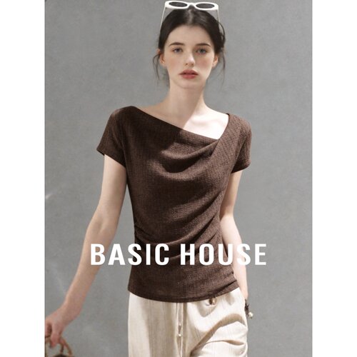 Basic House/百家好极简风斜肩荡领短袖T恤女夏修身显瘦百搭上衣