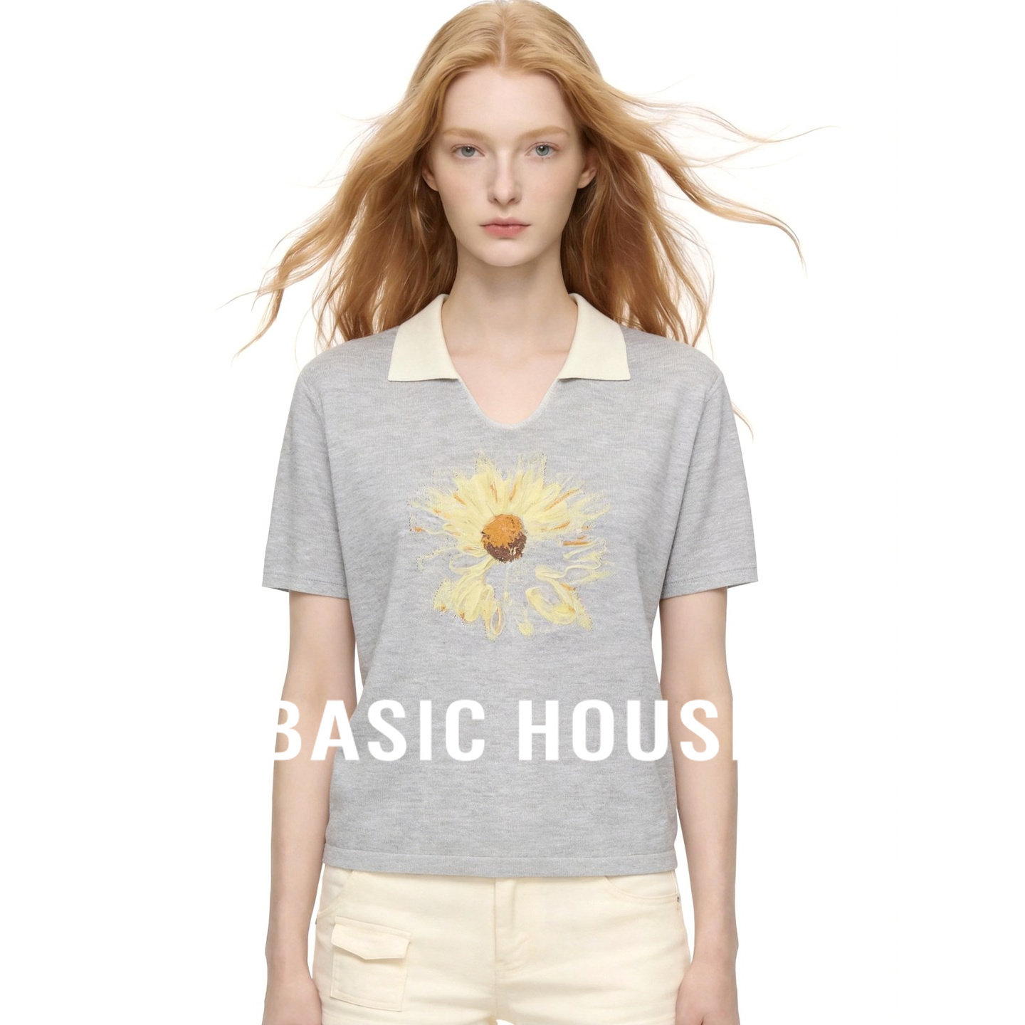 Basic House/百家好法式油画向日葵针织Polo衫女26新款小V领上衣