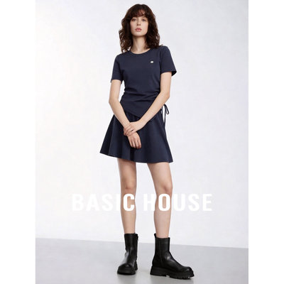 Basic House/百家好棉质韩系短袖套装女夏上衣A字短裙显瘦气质T恤