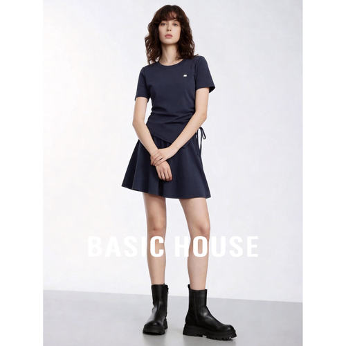 Basic House/百家好棉质韩系短袖套装女夏上衣A字短裙显瘦气质T恤
