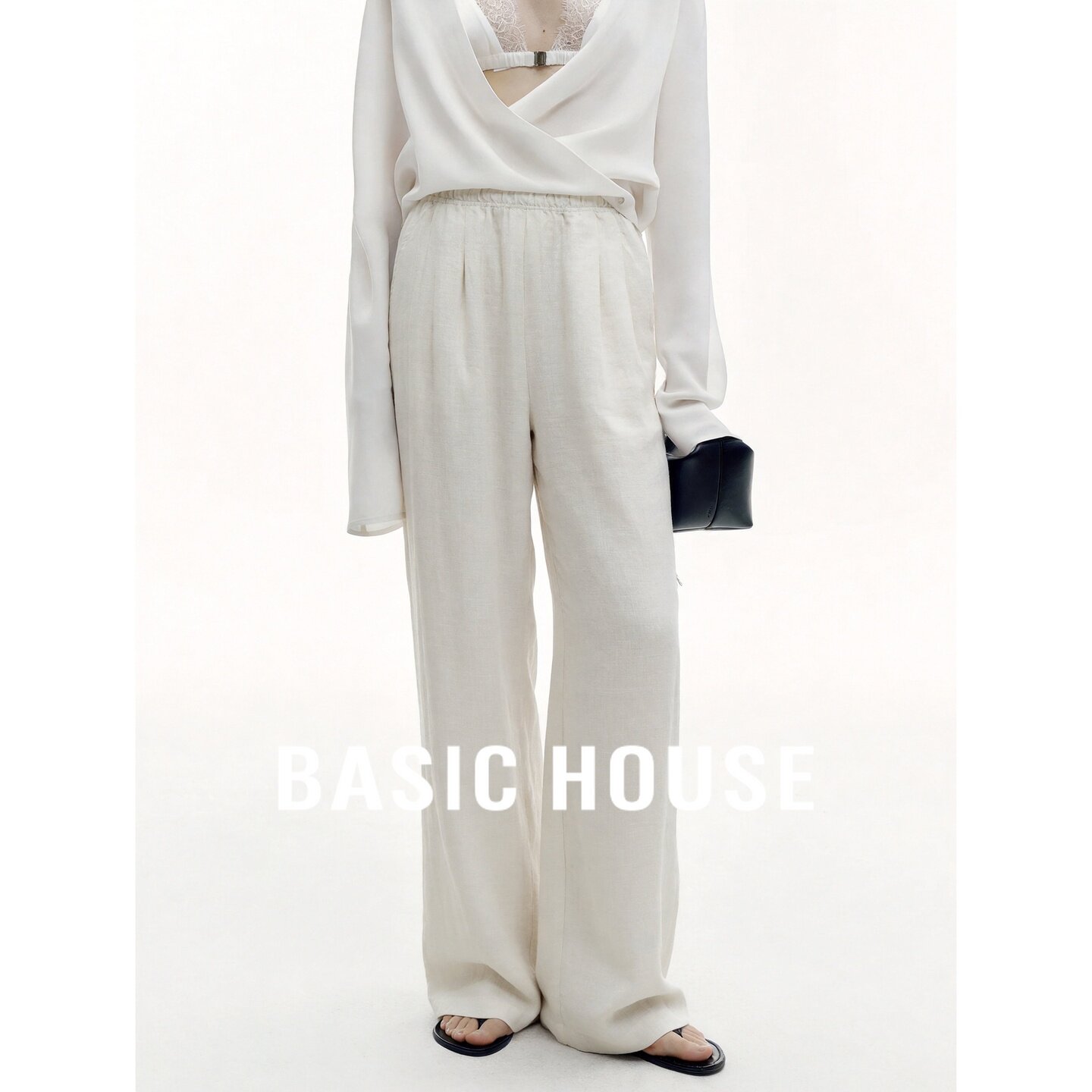 Basic House/百家好莱赛尔亚麻米色阔腿裤女高腰宽松显瘦休闲长裤