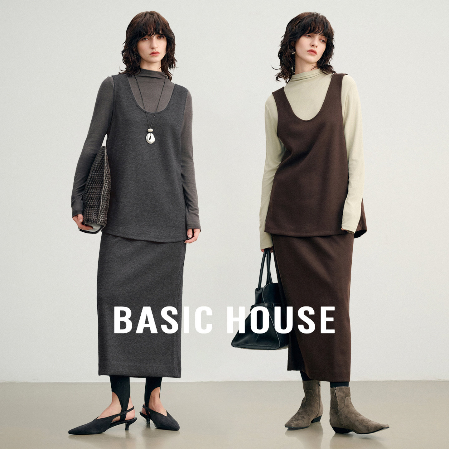 Basic House/百家好慵懒风叠穿套装纯色U领背心H型高腰半裙两件套