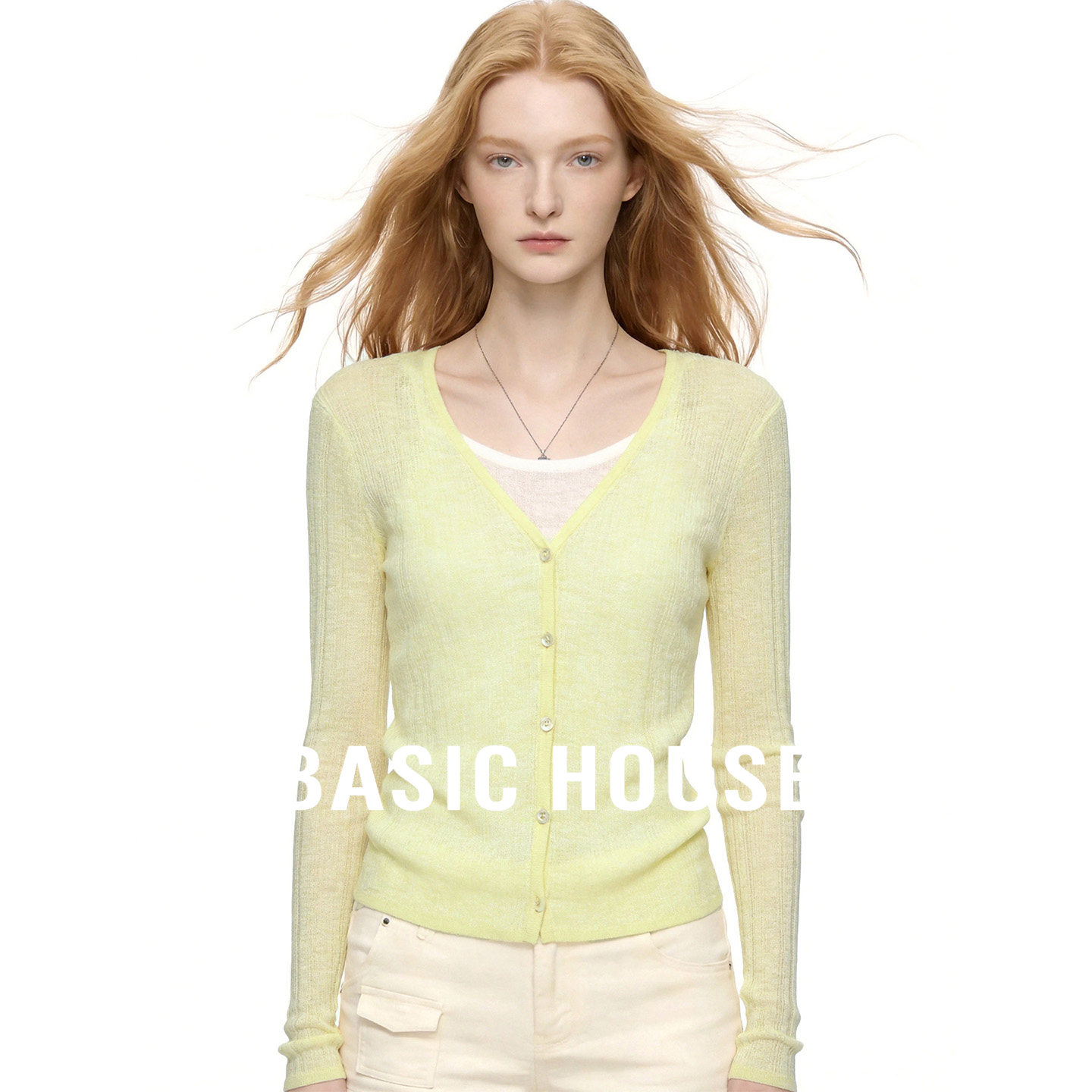 Basic House/百家好V领假两件针织开衫女夏季2026新款空调衫上衣
