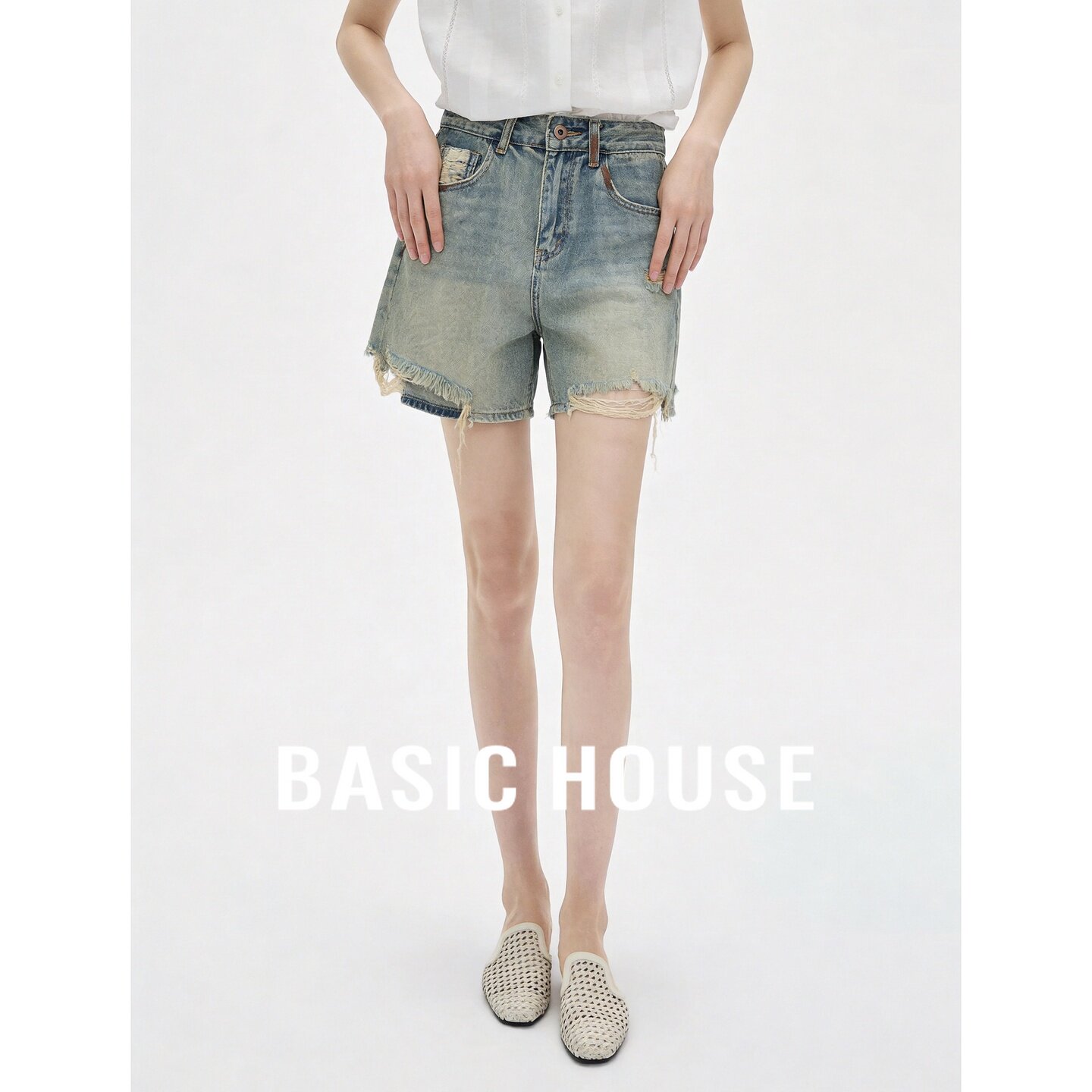 Basic House/百家好美式复古破洞牛仔短裤女夏季高腰毛边热裤百搭