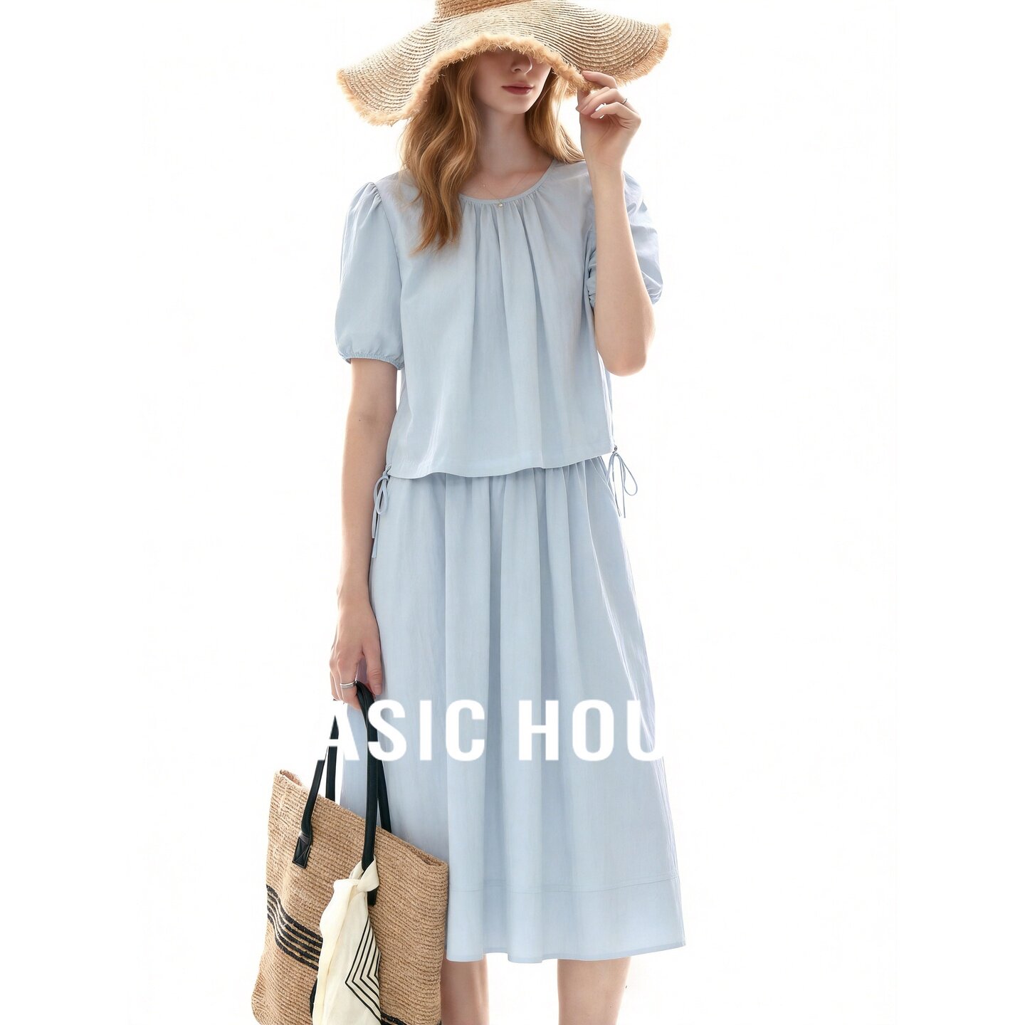 Basic House/百家好泡泡袖衬衫半身裙两件套女夏简约时尚套装蓝色