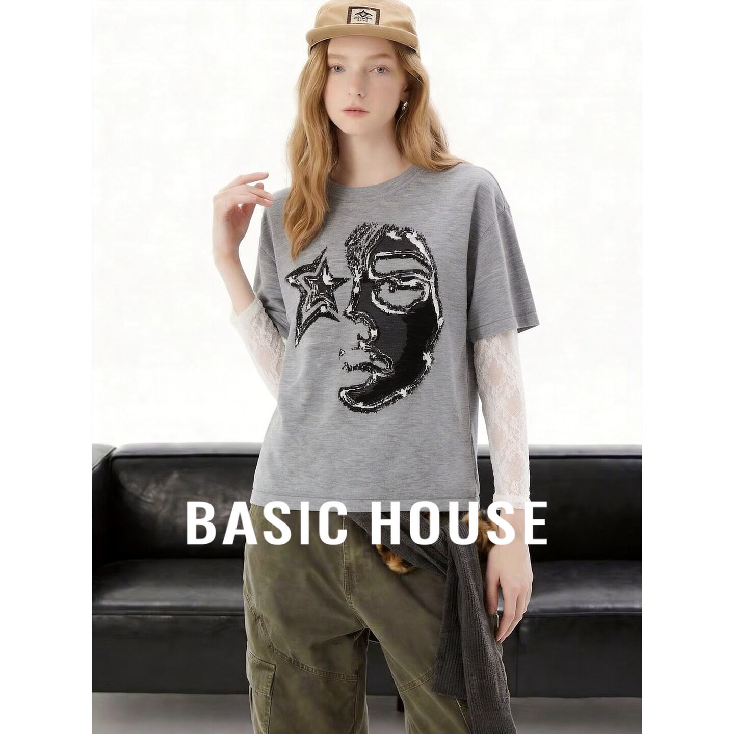 Basic House/百家好灰色蕾丝拼接针织衫女小众设计感长袖上衣宽松